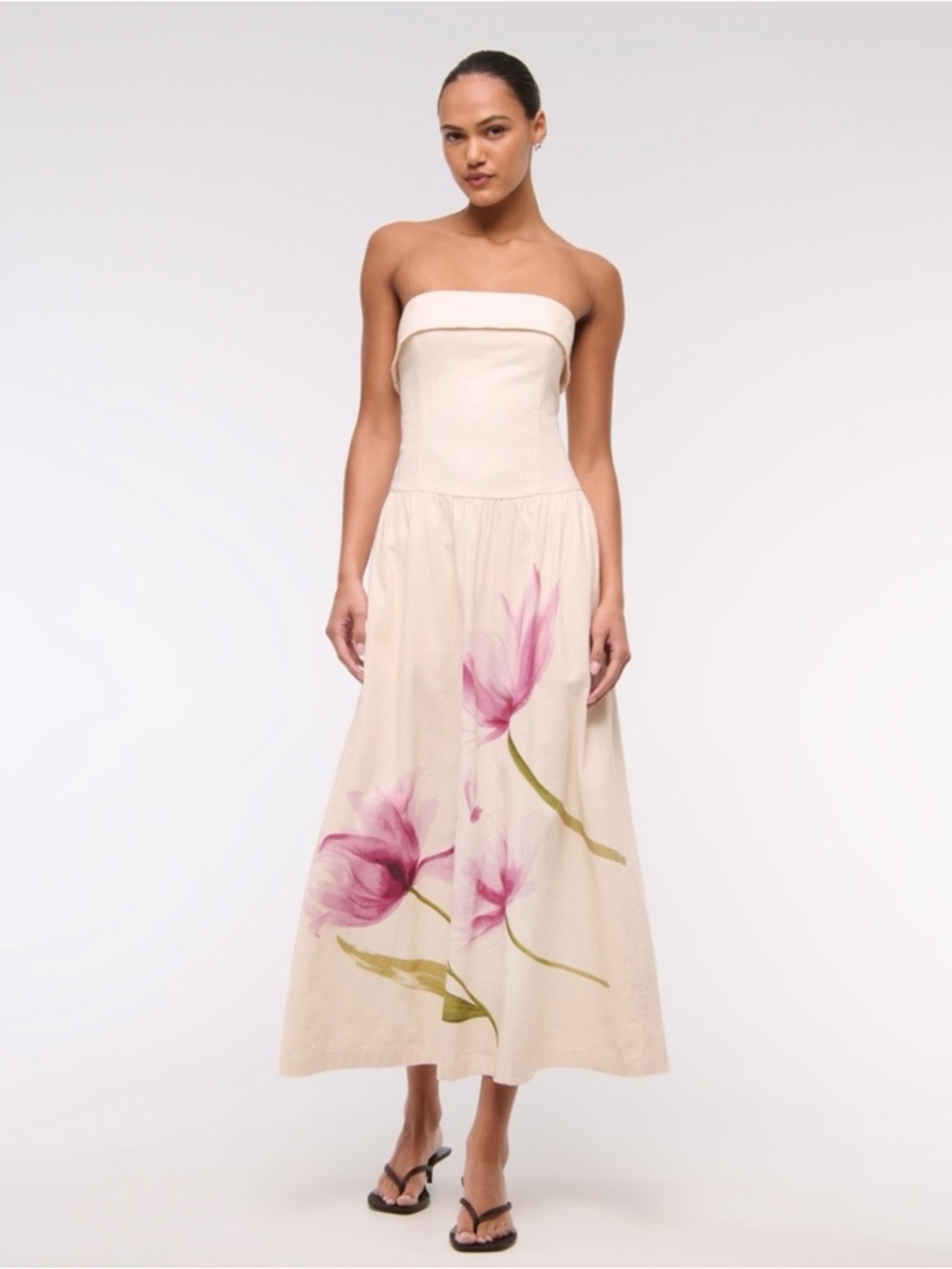 Abercrombie & Fitch Strapless Cream Dress with Pink Floral Print